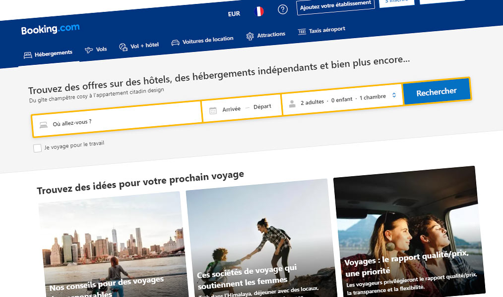 Booking, hébergements, vols, locations de voitures et plus encore.
