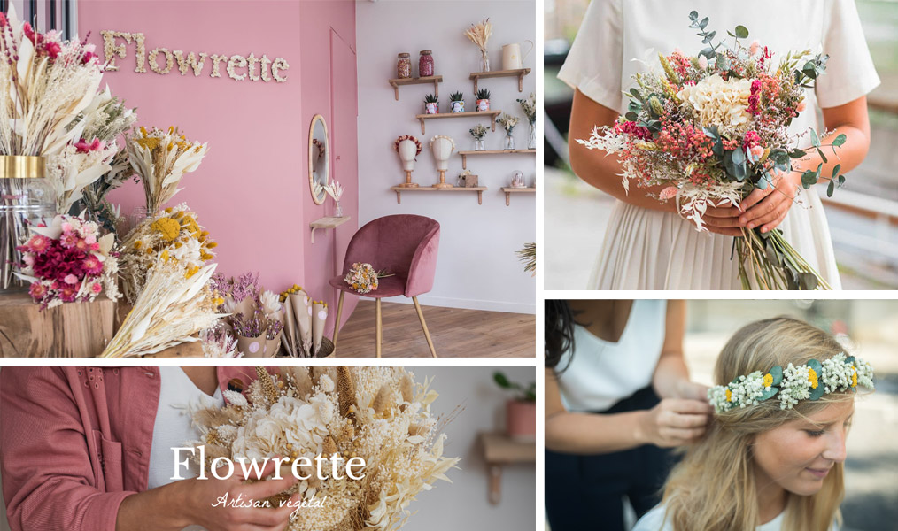Bouquets, couronnes et décorations en fleurs séchées.