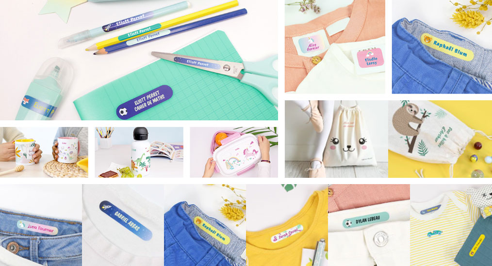 Étiquettes autocollantes pour marquer vêtements, fournitures scolaires et objets personnels.