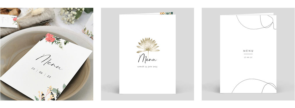 Exemples de menus de mariage personnalisés.