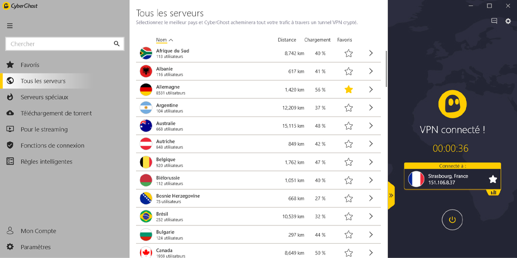 Interface CyberGhost, liste des serveurs.