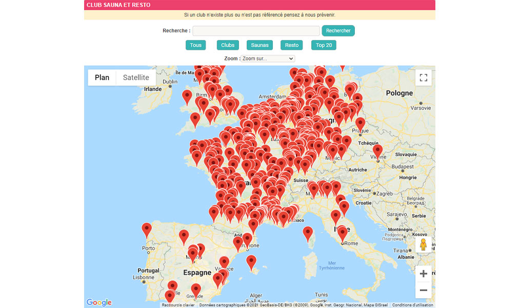 La carte des clubs et saunas.