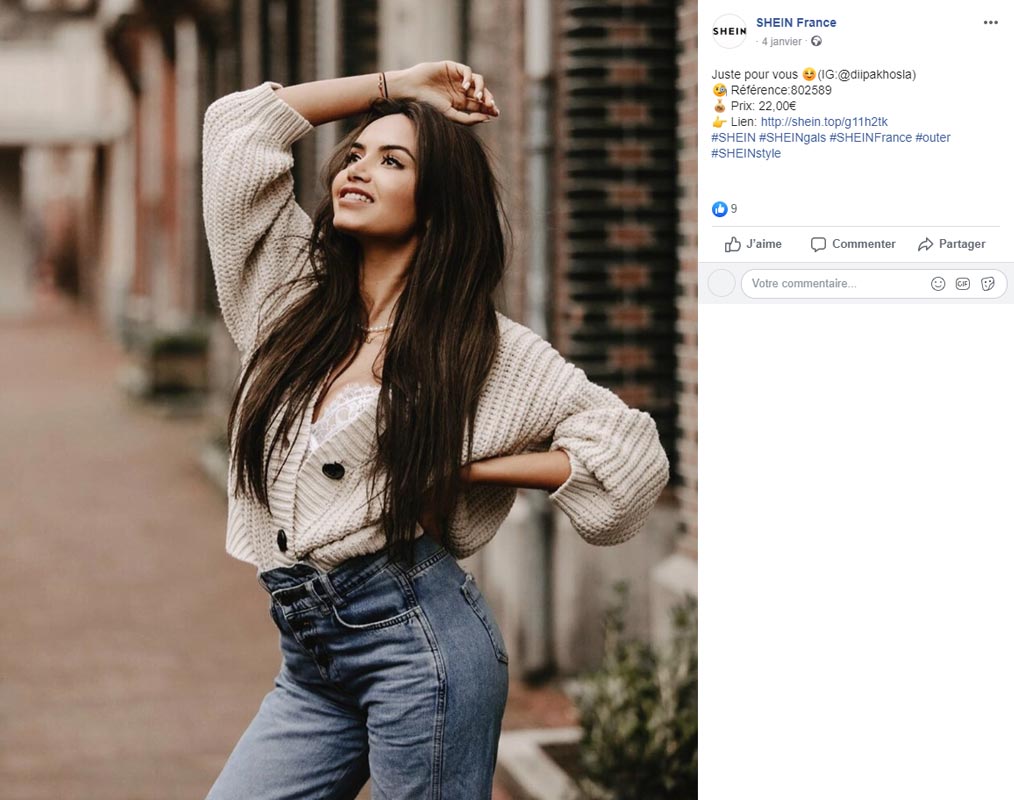 La page Facebook de SheIn France