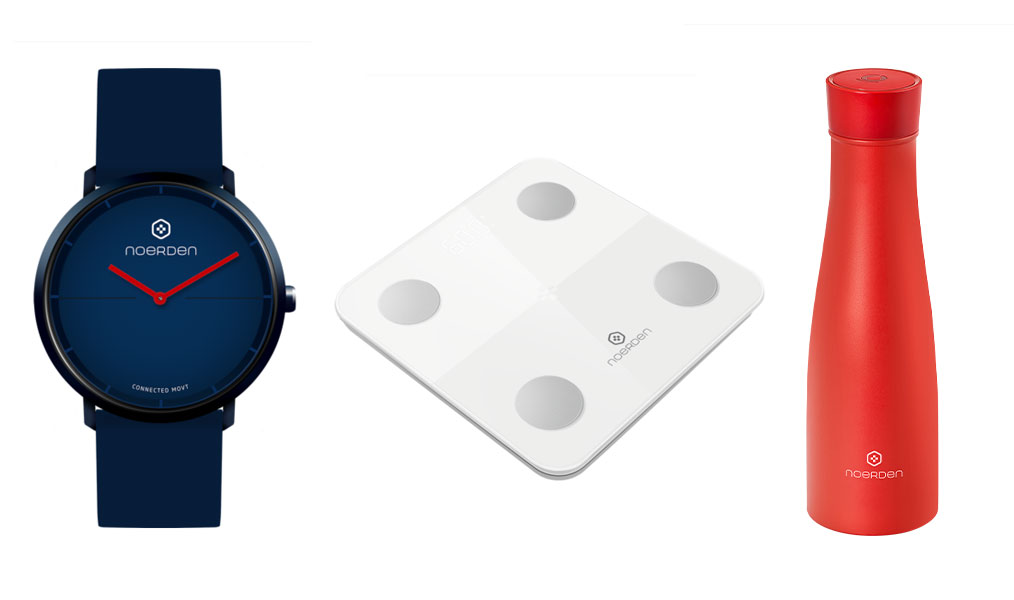 Montre et balance connectées et bouteille isotherme intelligente.