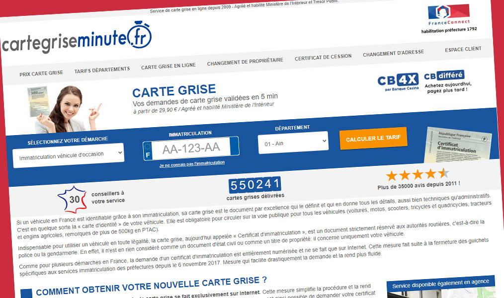 Page d'accueil du site CarteGriseMinute.