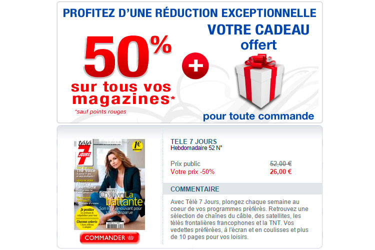 Une réduction France Abonnements fait baisser le prix payé sur un abonnement d'un an à l'hebdo Télé 7 Jours
