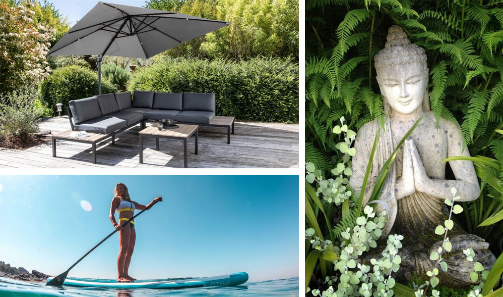 Parasol déporté, stand-up paddle gonflable et statue de jardin zen